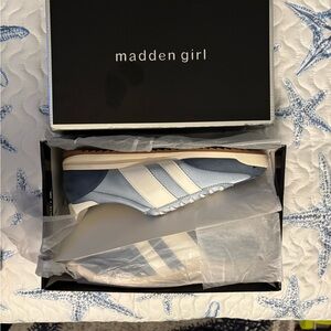 Madden Girl Jumper Light Blue Satin and White Sneakers